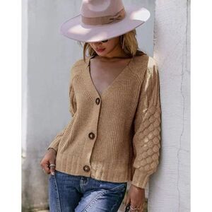 Camel Chunky Cable Knit Button Down Oversized Long Sleeve Sweater Cardigan Top